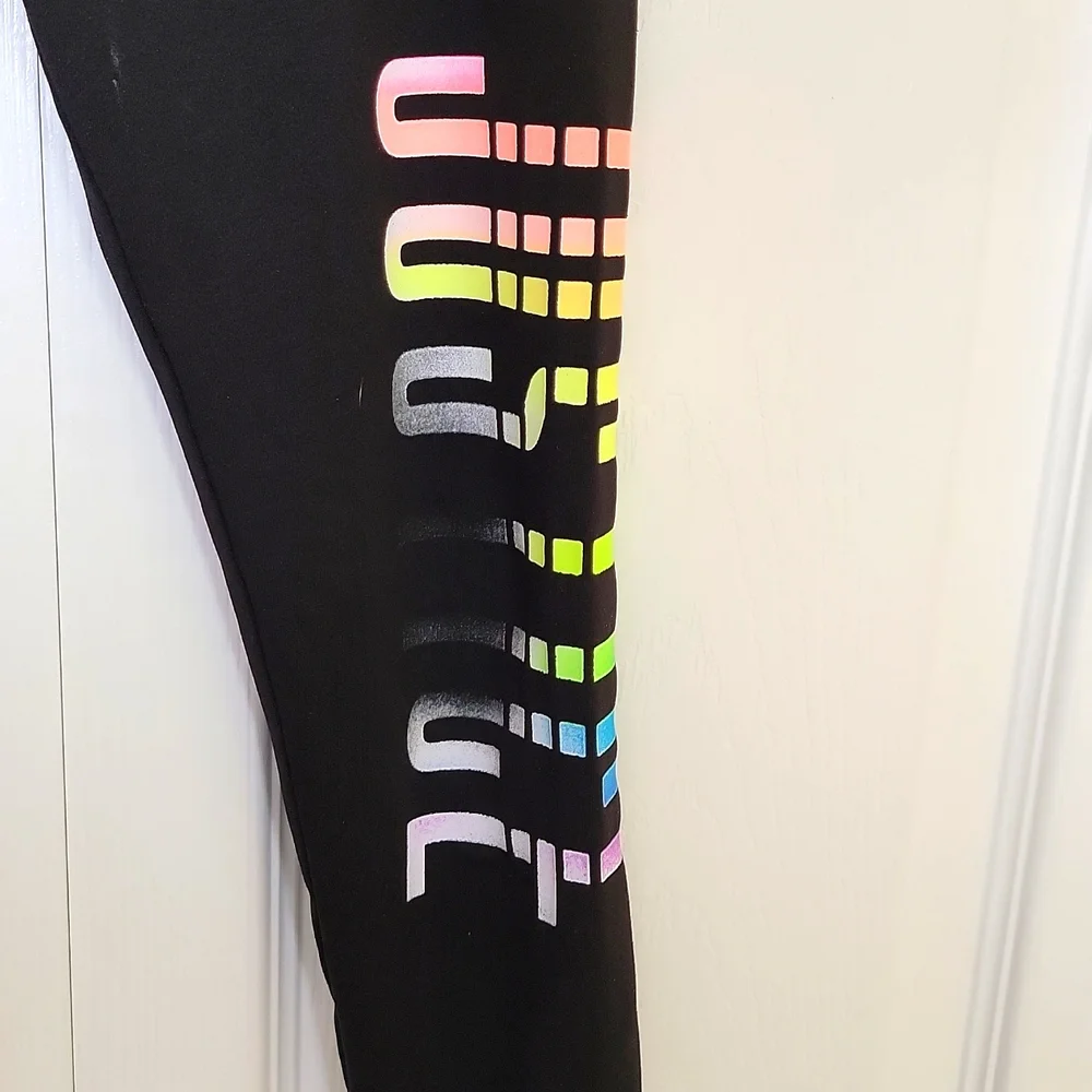 Justice Girls Leggings Black Rainbow Glitter Logo Graphic Playful Size 6